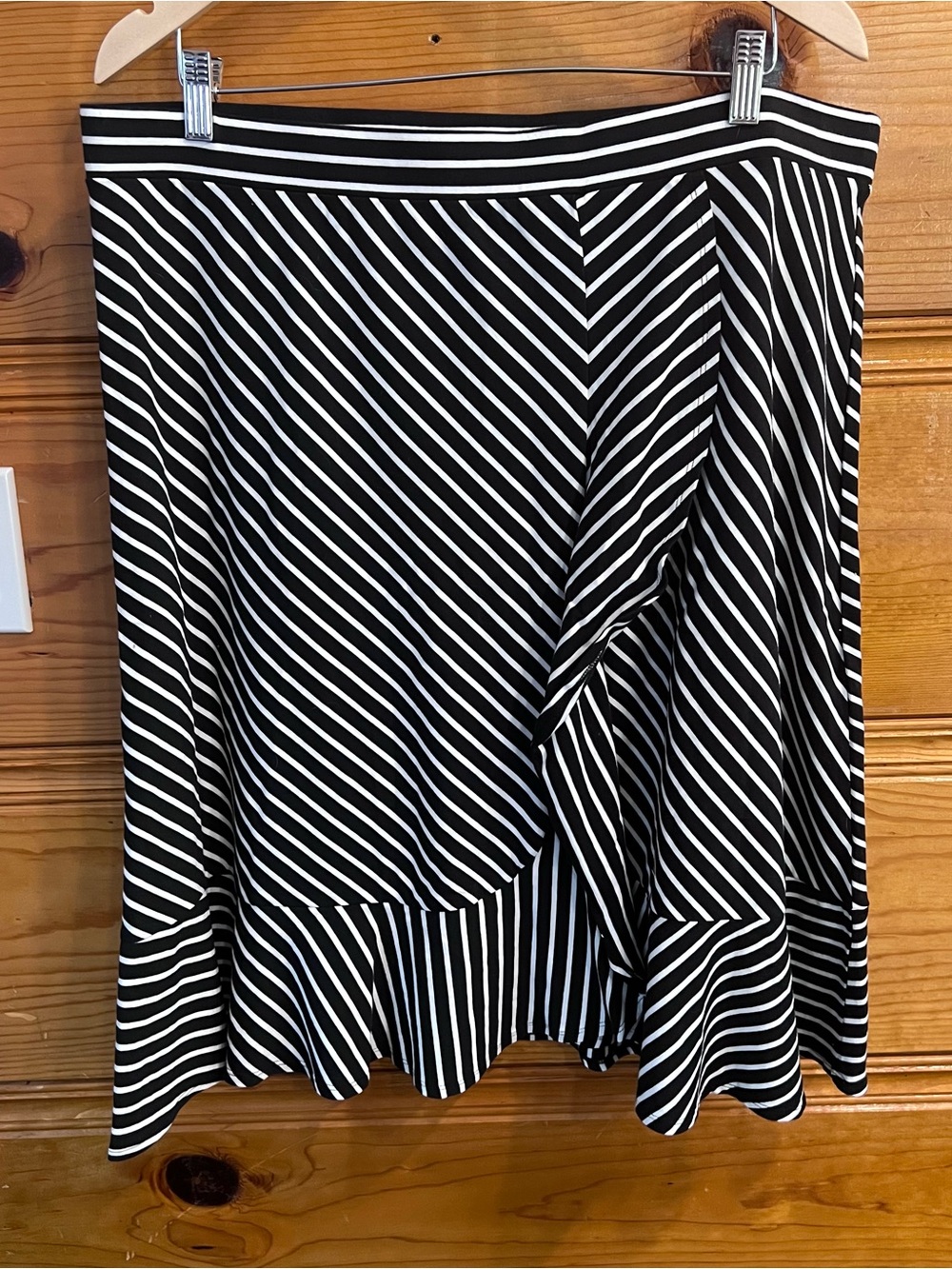 Black White Striped A Line Pull On Midi Skirt Ruffle Hem Flattering Faux Wrap
